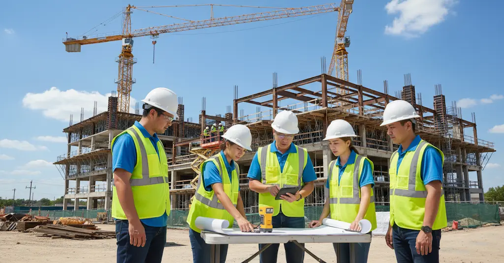 Đội ngũ chuyên gia và kỹ sư của công ty kiểm định xây dựng đang thảo luận trên công trường